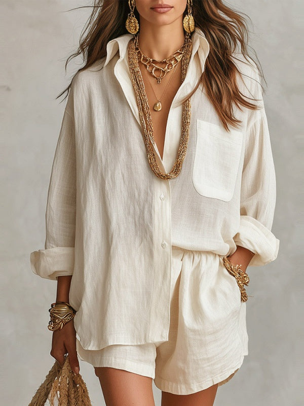 Lazy Style Shirt And Solid Color Shorts Two-piece Set