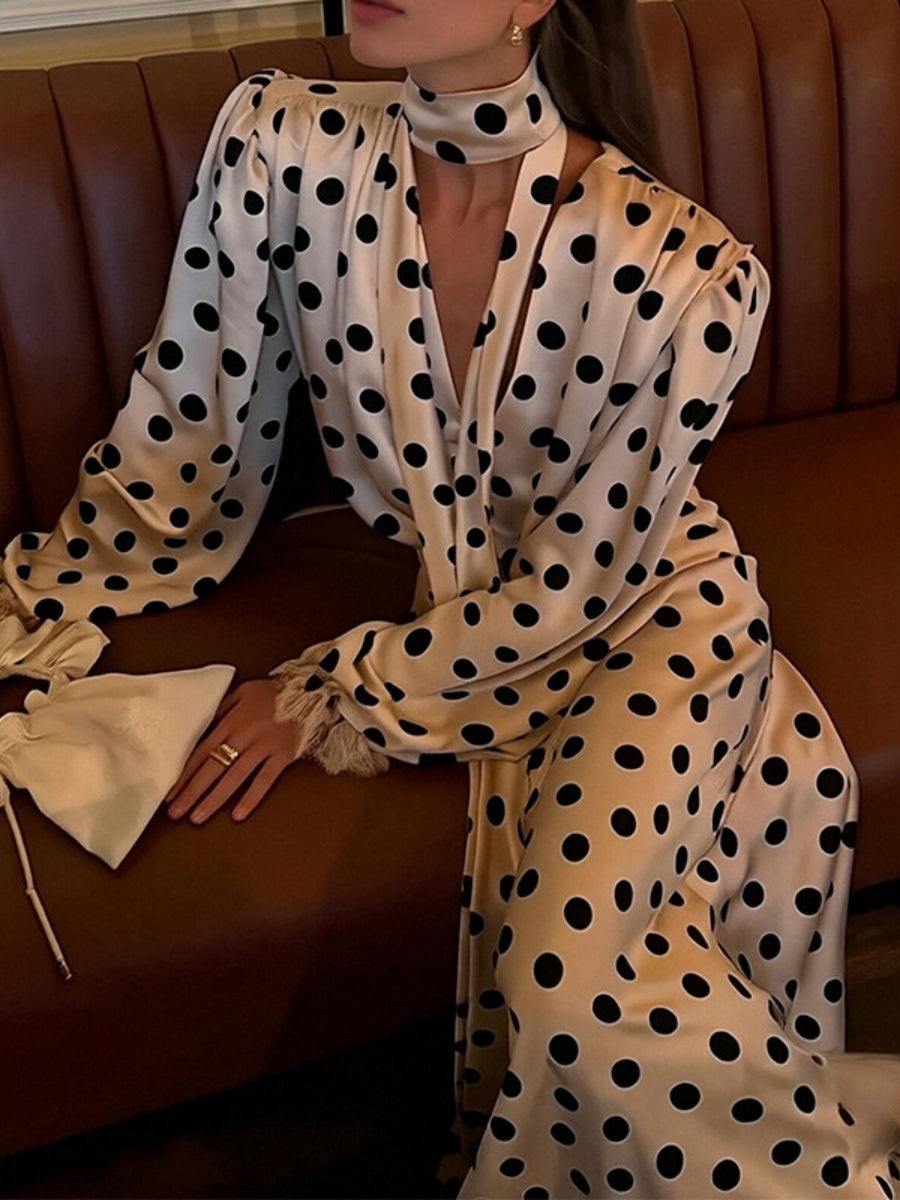 Puff Lantern Sleeves Retro Hip-hugging Grace Polka Dots Maxi Dresses