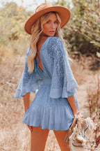 Lace Bell Sleeve Deep V-Neck Button Front Ruffle Hem Mini Dress