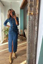Denim Button Front Patch Pocket Center Slit Long Sleeve Midi Dress