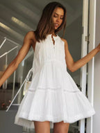 Lace Patchwork Stand-up Collar Buttons Large Skirt Mini&Short Dresses