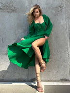 Drawstring Square Collar Puff Sleeve Slit Maxi Dresses