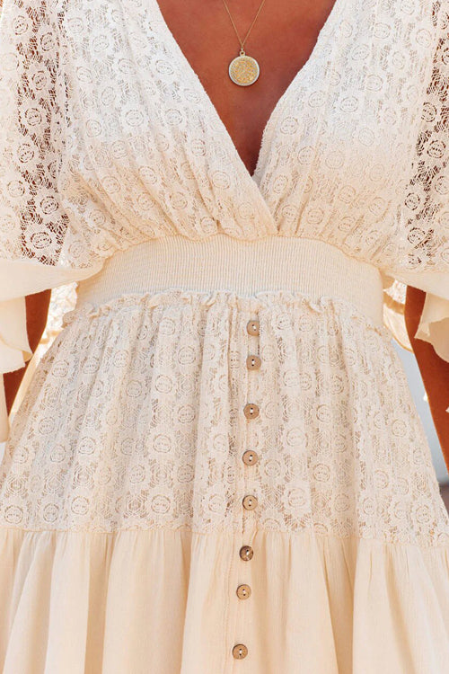 Lace Deep V-Neck Bell Sleeve Smocked Waist Button Front Ruffle Hem Mini Dress