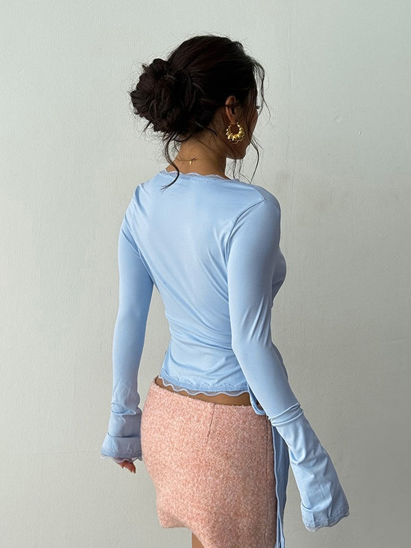 Lace-trimmed V-neck Tie-up Long Sleeves T-shirts