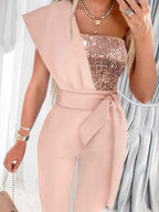 Sequined Jumpsuit With Off-shoulder Belt