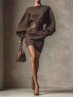 Brown Asymmetrical Batwing Sleeves With A Belted Pullover Mini&Short Dresses