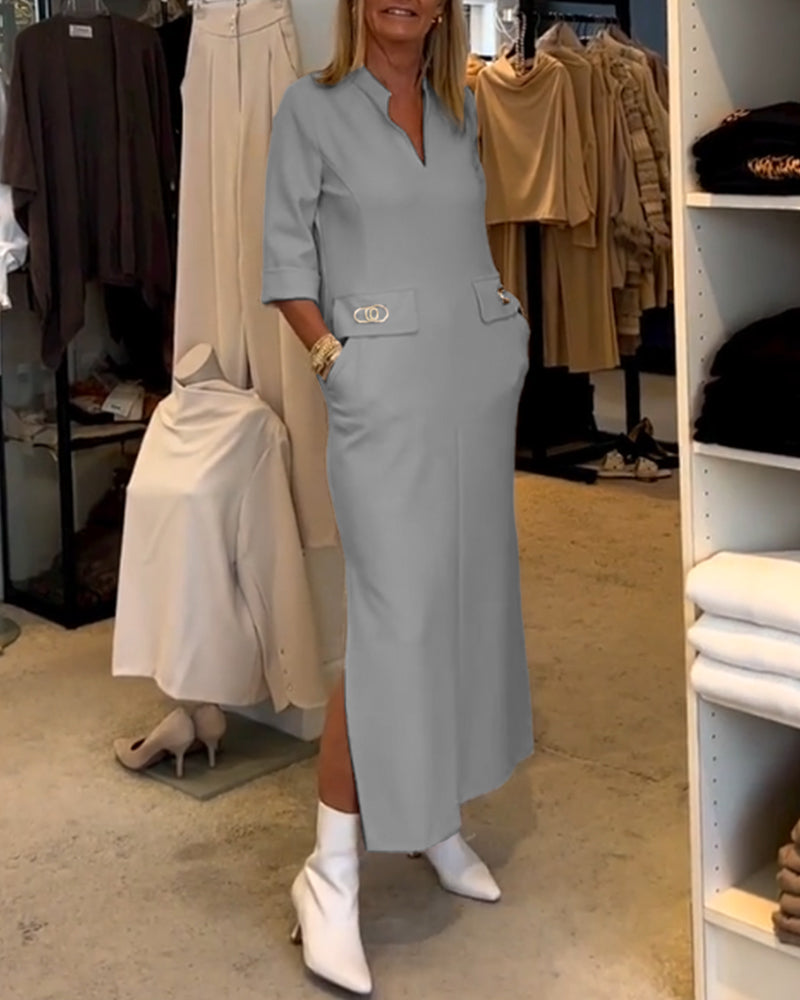Magaly Timeless Solid Color Slit Dress with 3/4 Sleeves Premium Wardrobe Essential