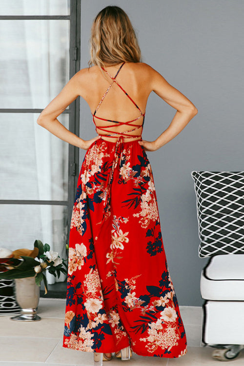 Floral Print Spaghetti Strap Lace Up Cross Back High Split Maxi Dress