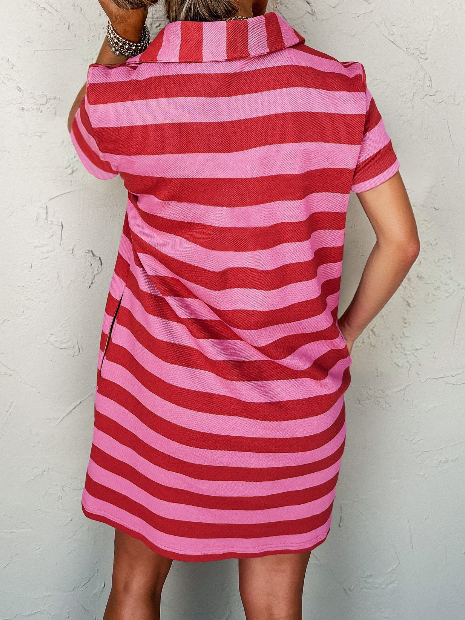 Stripes Color Matching Polo Collar Pocket Short-sleeved Midi Dress