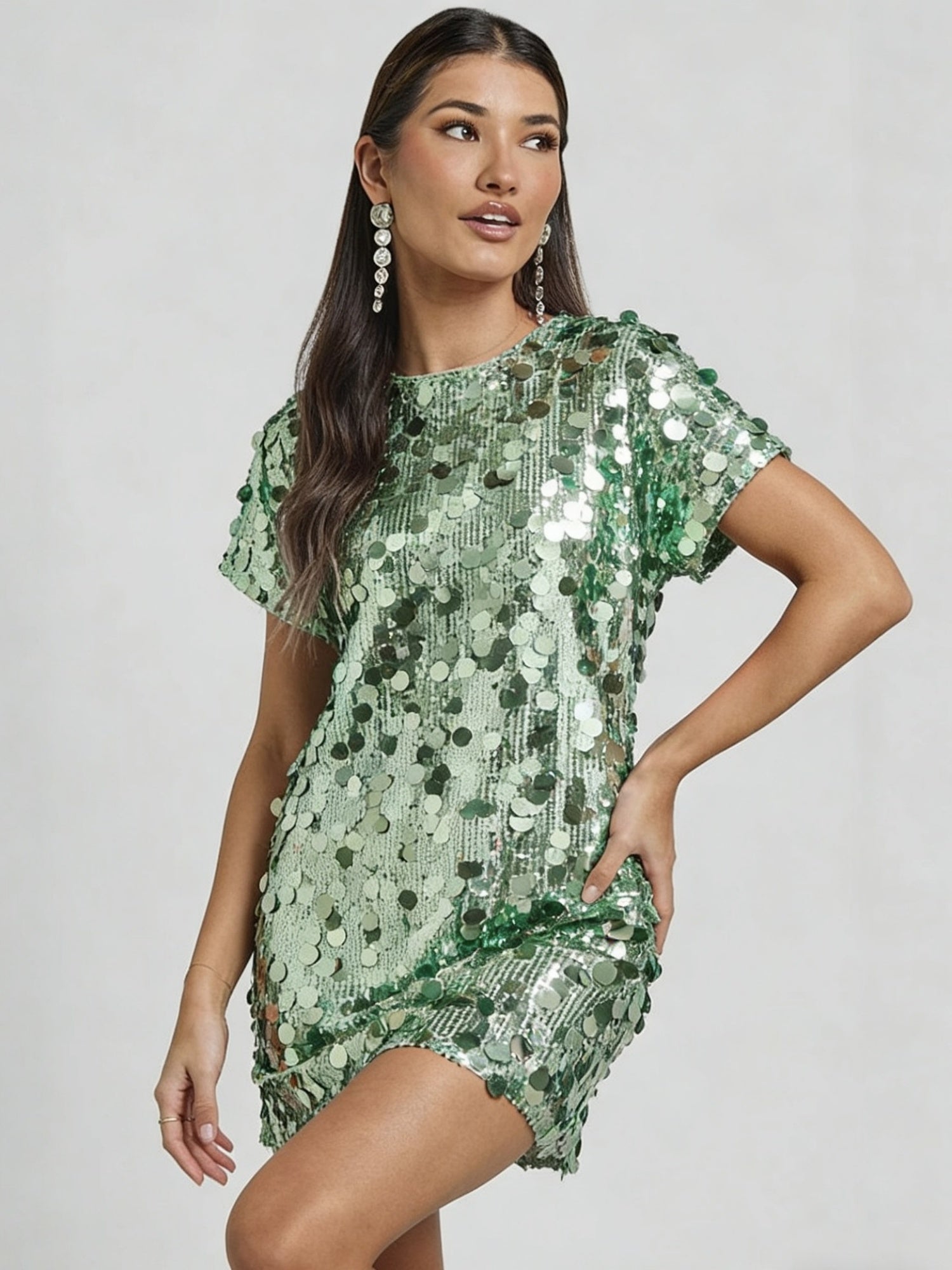Sequins Crew Neck Short Sleeve Mini&Short Dresses