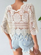 Crocheted Openwork Knit See-through Top, Solid Color Beach Bikini Cover-up
