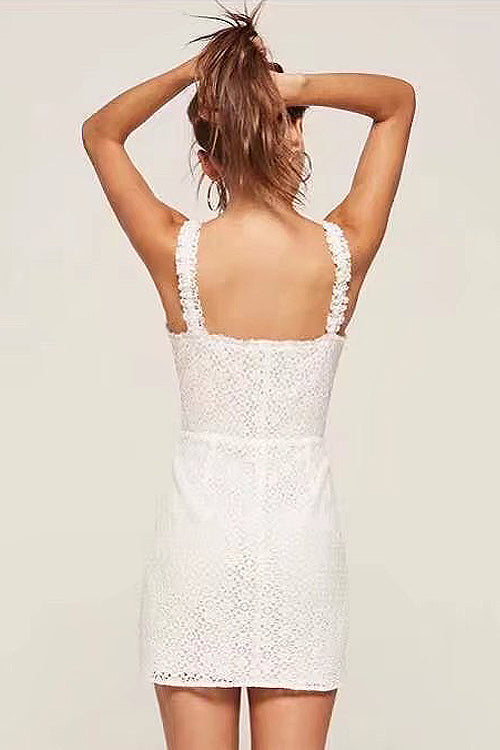 Lace Floral Eyelet Sweetheart Neck Button Front Fit and Flare Mini Dress