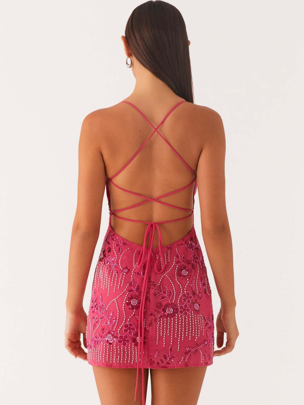 Sequin Beads Spaghetti Strap Backless Tie Sweet Mini&Short Dresses