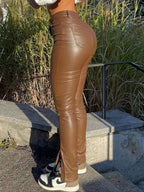 PU Leather Slit High-waisted Hip Lift Pocket Pants