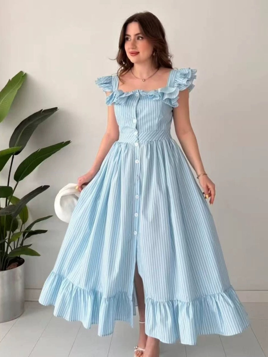 Square Collar Ruffle Button Slit Big Swing Sweet Maxi Dresses