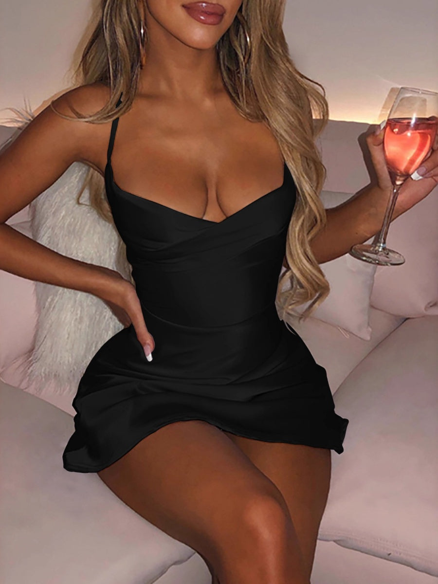 Satin Halter Lace Up Backless Parties Mini&Short Dresses