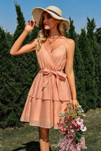 Surplice Wrap Spaghetti Strap Self Tie Tiered Ruffle Crinkle Mini Dress