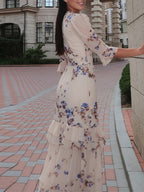 Floral Printed Ruffle Slit Temperament Maxi Dresses