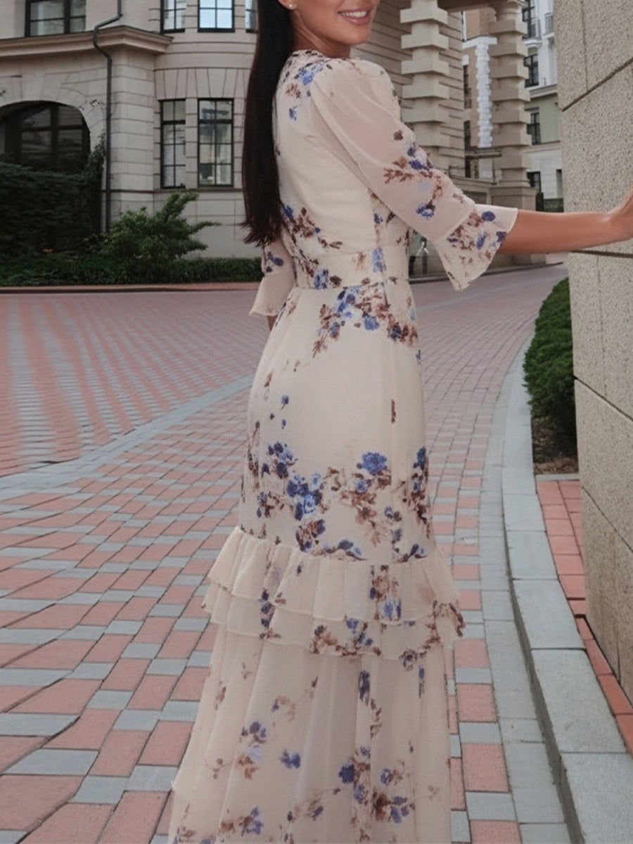 Floral Printed Ruffle Slit Temperament Maxi Dresses