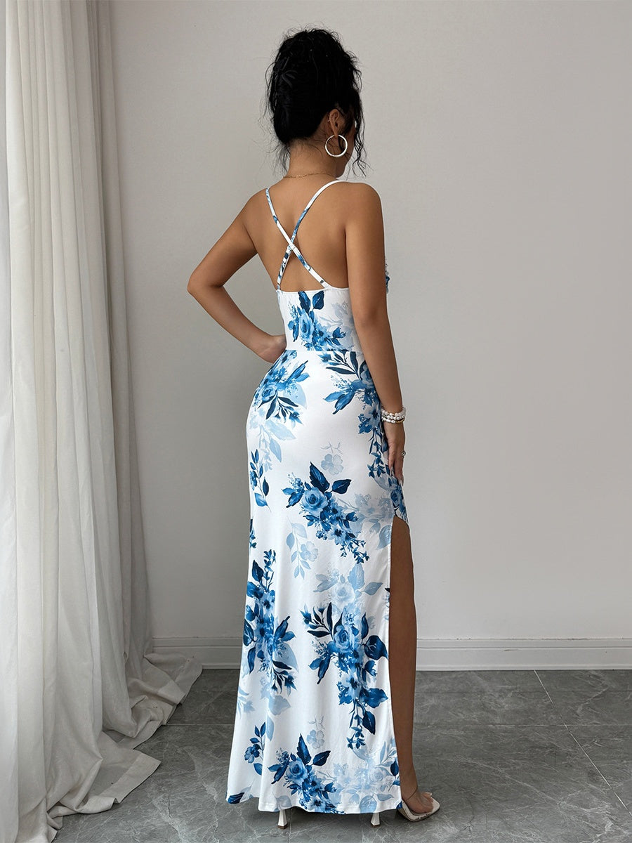 Blue Floral Halter-neck Elegant Bodycon Off-shoulder Long Dress