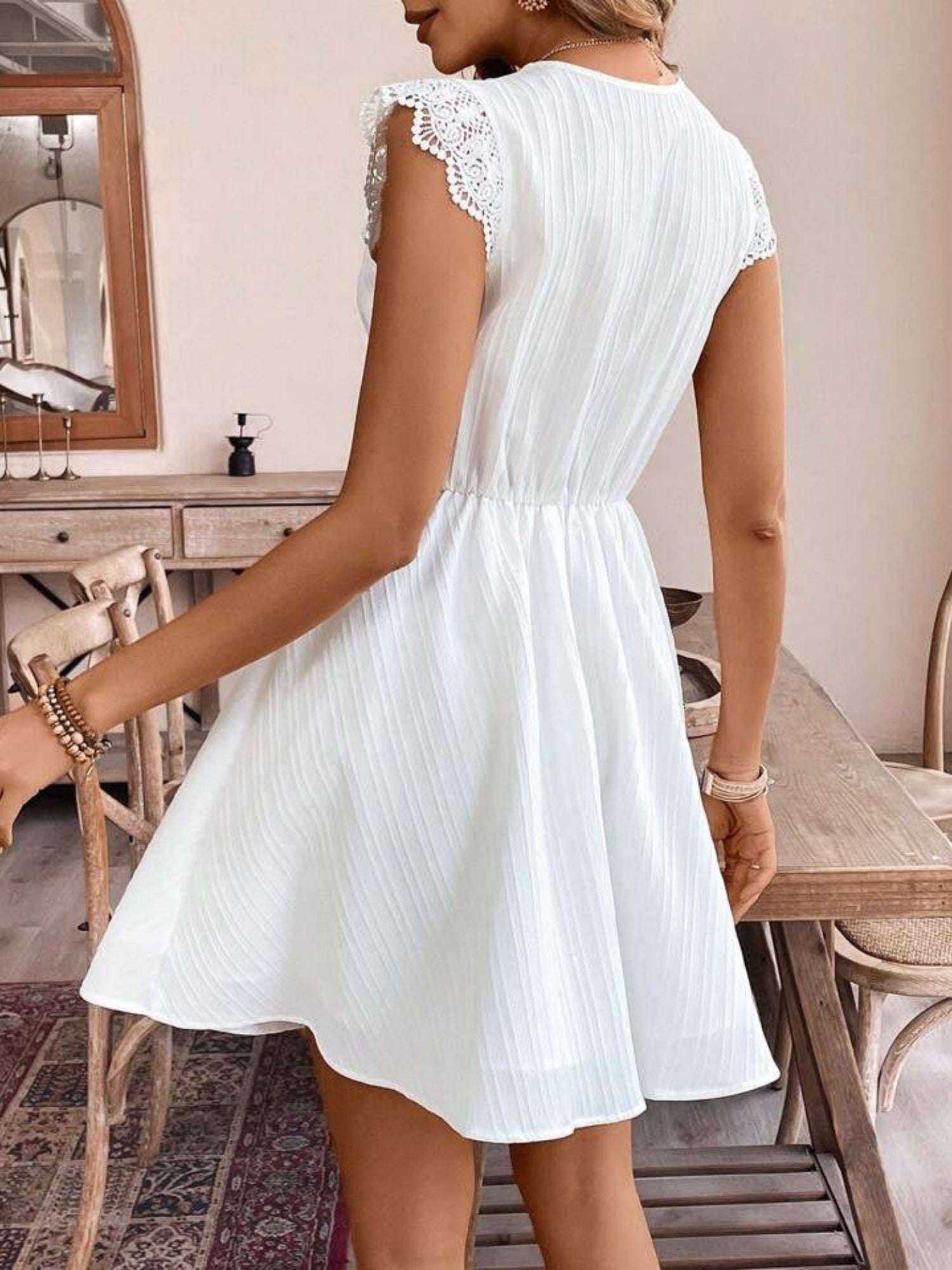 Lace Trim Openwork Jacquard V-neck, Fitted Waist Flying Sleeves Mini&Short Dresses