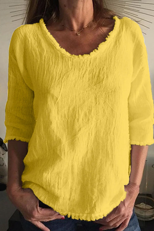 Round Neck 3/4 Sleeves Raw Hem T-shit