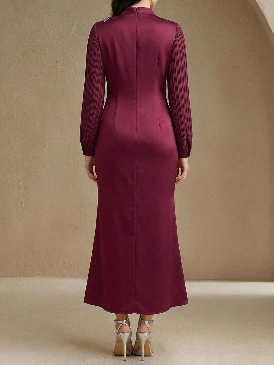 Crew Neck Long Sleeve Crimp Applique Maxi Dresses