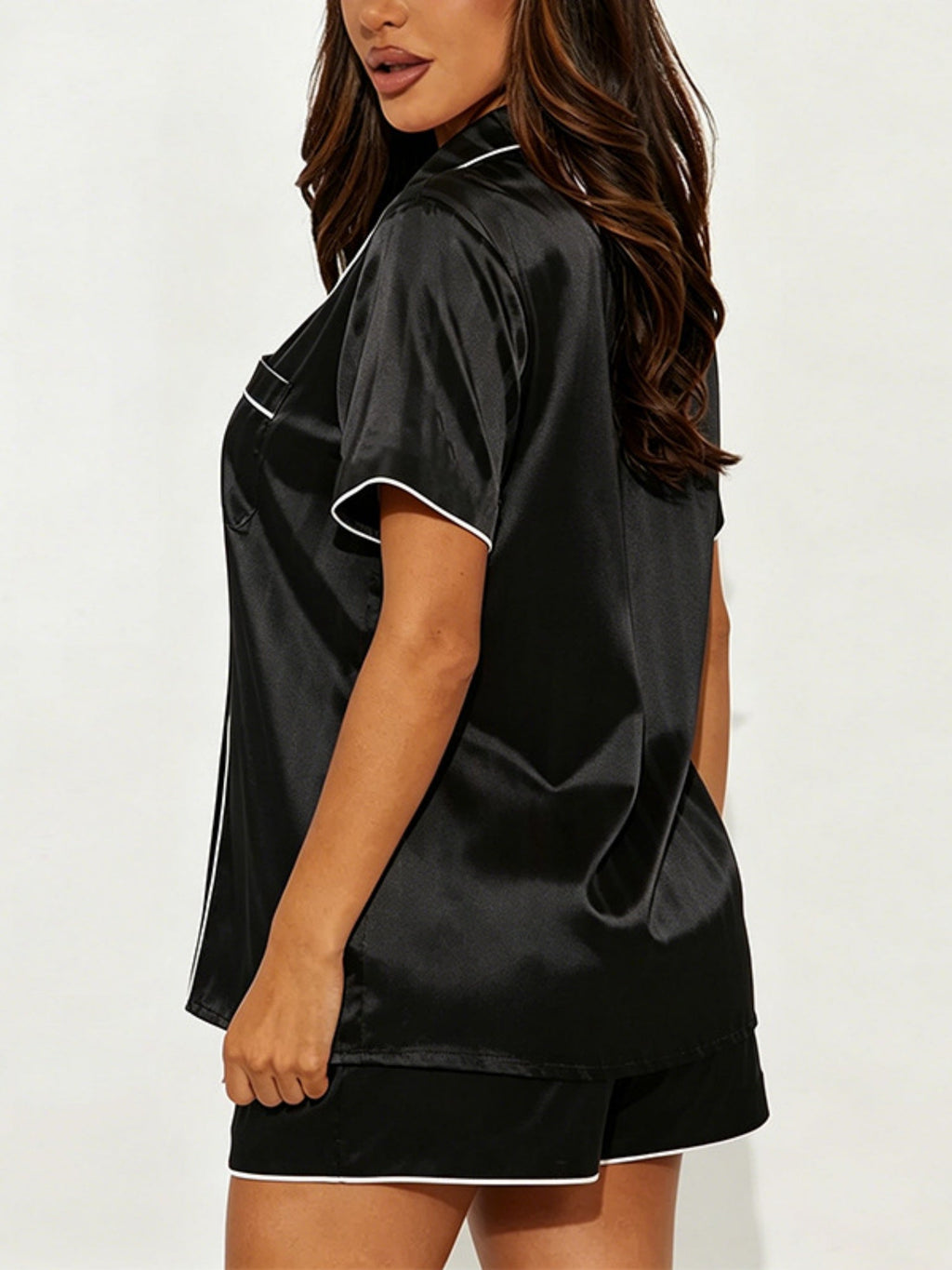 Satin Solid Color Trim Short Sleeves And Shorts Two-piece Loungewear Set