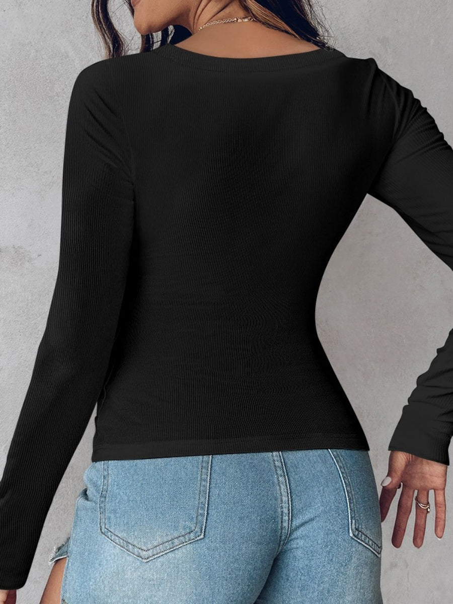 With Bra U-neck Thread Solid Color Long Sleeve T-shirts