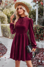 Velvet Ruffled Mock Neck Bishop Sleeve Elastic Waist A Line Mini Dress