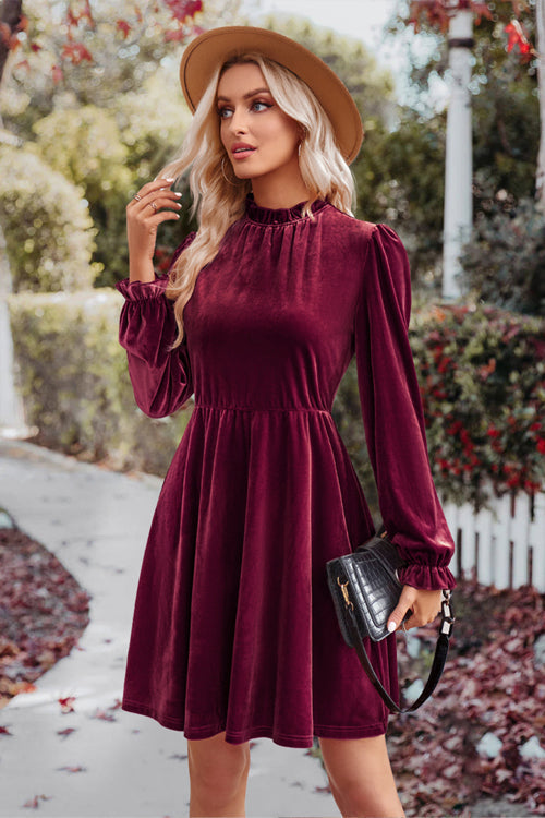 Velvet Ruffled Mock Neck Bishop Sleeve Elastic Waist A Line Mini Dress