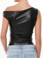 PU Leather Asymmetrical Neckline And Off-shoulder Twisted Design Cropped Vest
