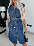Denim Collared Sleeveless Studded Pockets Waist Tie Maxi Dresses