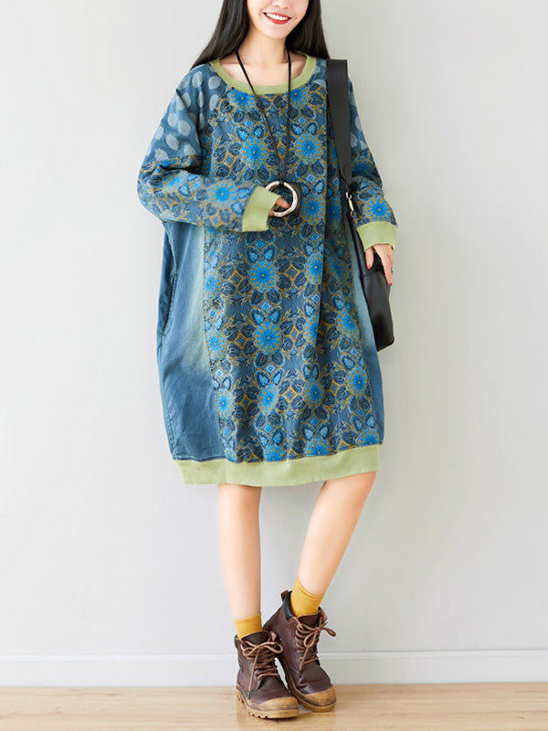 Crew Neck Printed Sweatshirt Dress