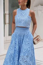 Lace Hollow Out Crewneck Crop Tank Top High Waist Maxi Swing Skirt Set