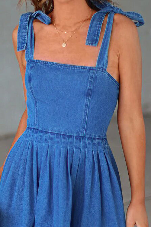 Denim Tie Shoulder Square Neck Pleated Fit and Flare Mini Dress