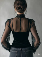 Velvet Ruffle Balloon Sleeve Lace T-shirts