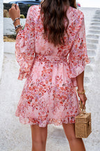 Floral Print Wrap V-Neck Three Quarter Sleeve Tie Waist Ruffle Hem Mini Dress