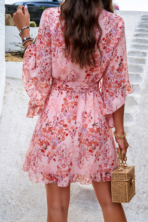 Floral Print Wrap V-Neck Three Quarter Sleeve Tie Waist Ruffle Hem Mini Dress