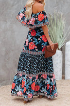 Off Shoulder Ruffle Bardot Tiered Sash Tie Tropical Floral Maxi Dress