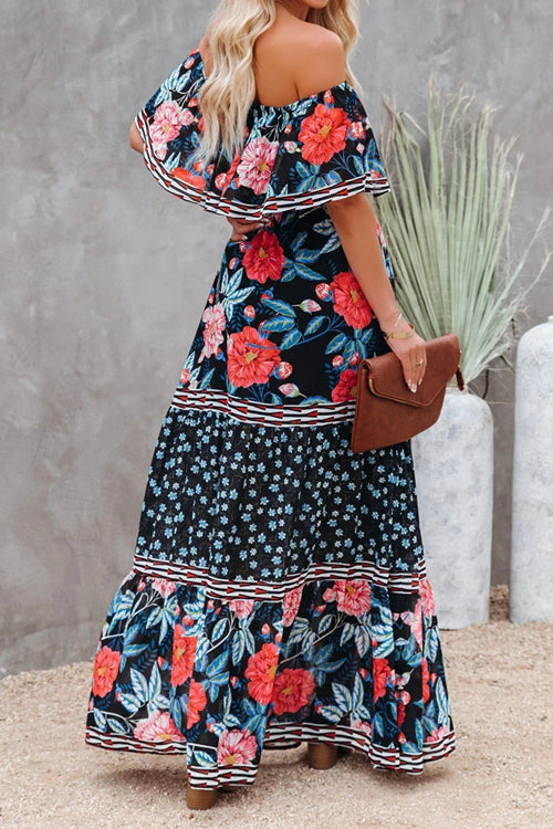 Off Shoulder Ruffle Bardot Tiered Sash Tie Tropical Floral Maxi Dress