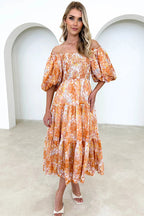 Botanical Floral Print Off Shoulder Smocked Puff Sleeve Tiered Midi Dress