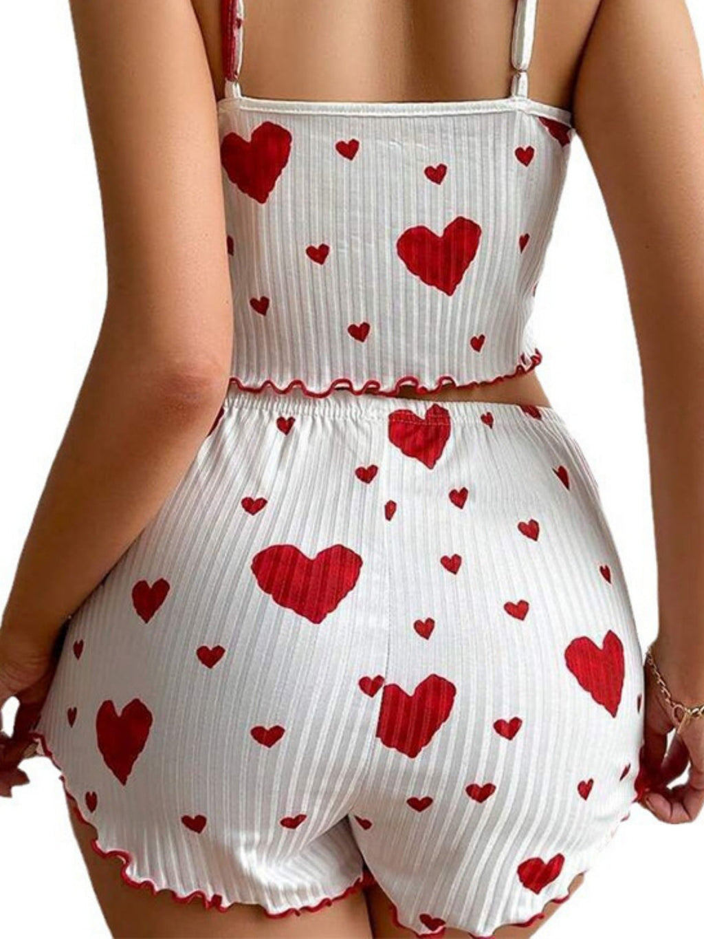 Heart Print Suspender Shorts Pajama Set
