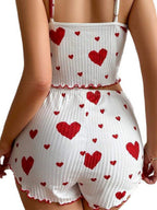 Heart Print Suspender Shorts Pajama Set