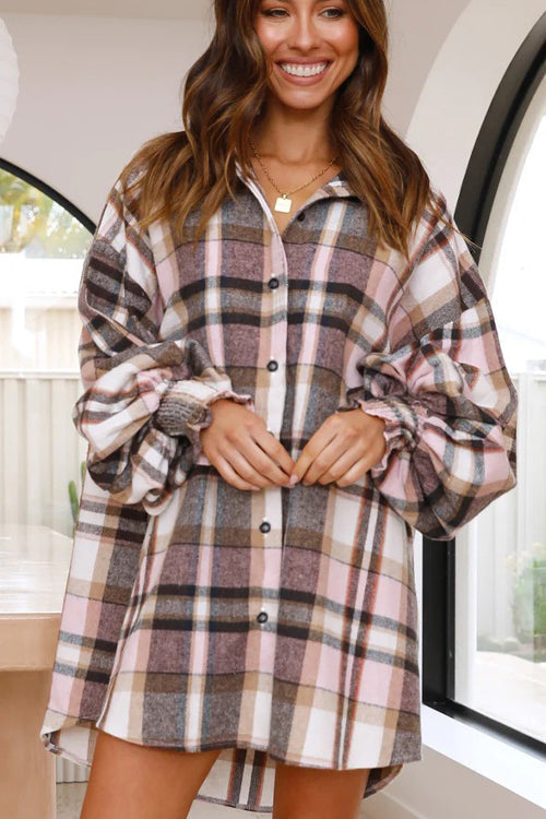 Plaid Oversized Balloon Sleeve Button Front Shirt Mini Dress