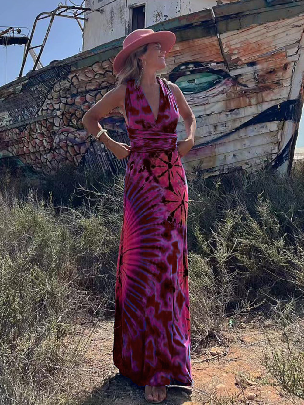 Tie Dye Print Halter Deep V-Neck Wrapped Waist Bodycon Maxi Dress