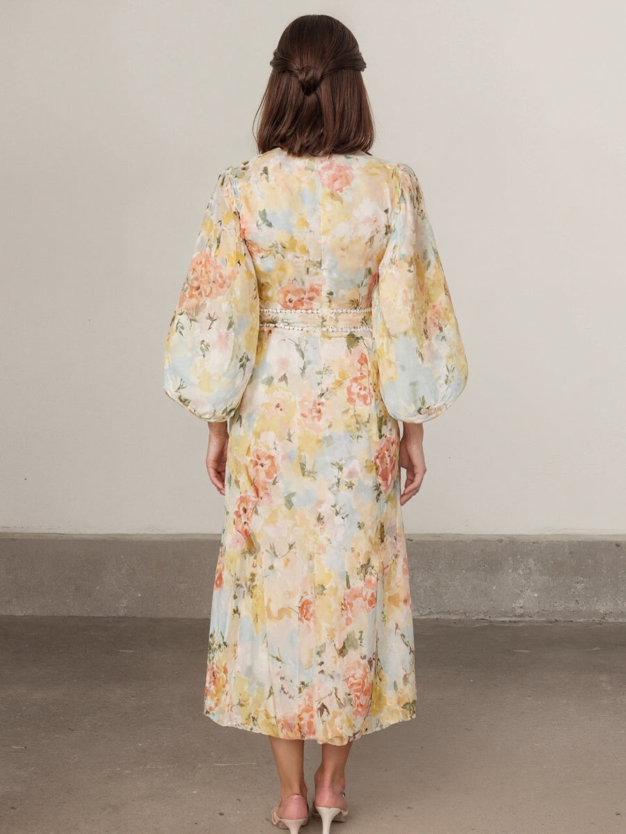 Floral Print Long-Sleeved Bodycon Slim Fit Long Dress