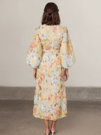 Floral Print Long-Sleeved Bodycon Slim Fit Long Dress