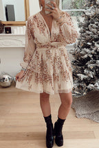 Deep V-Neck Wrap Front Sequin Mesh Puff Sleeve Tiered Ruffle Mini Dress