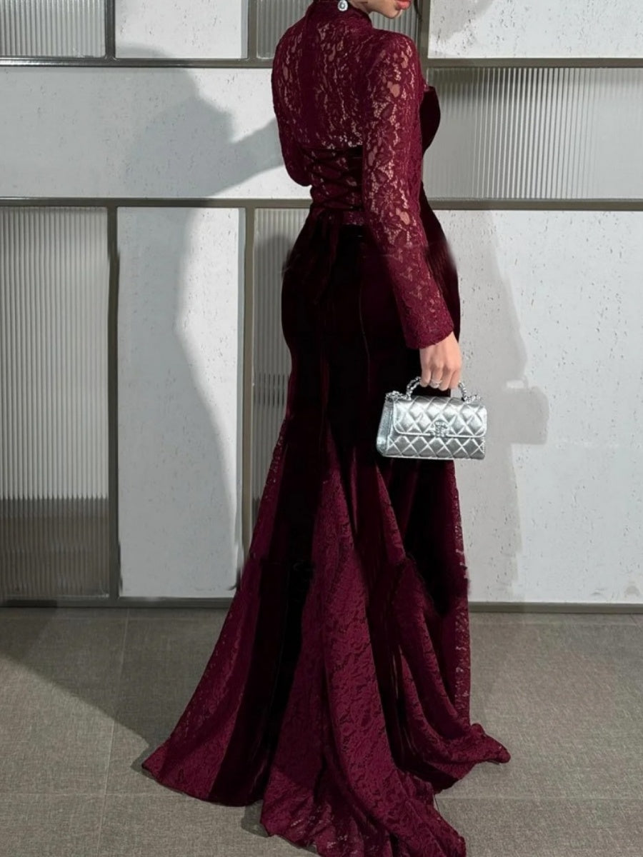 Burgundy Lace Long Sleeve Fishtail Evening Dress Maxi Dresses
